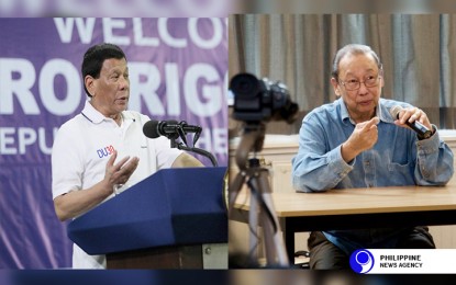 <p><strong>END OF ERA.</strong> Former President Rodrigo Duterte (left) says in a Facebook post Monday (Dec. 19, 2022) that the passing of Jose Maria 'Joma' Sison, the founder of the Communist Party of the Philippines, marks the end of an era for communist insurgency. Duterte notes that Sison is known for his radical ideas that affected the course of the country’s history and birthed the communist New People’s Army. <em>(PNA file photo)</em></p>